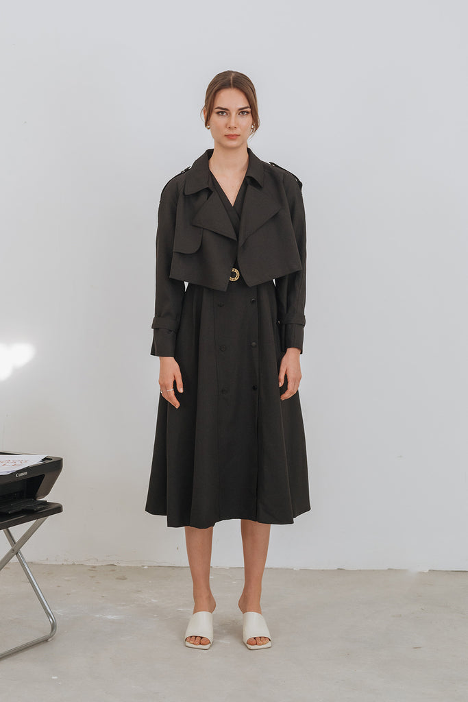 Luverlleo Cropped Trench Coat with Belted Midi Dress Set