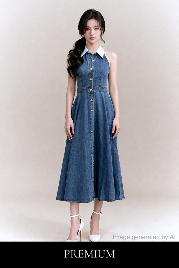 Margaux Contrast-Collar Denim Maxi Dress