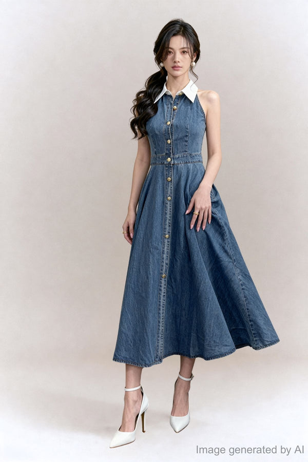 Margaux Contrast-Collar Denim Maxi Dress