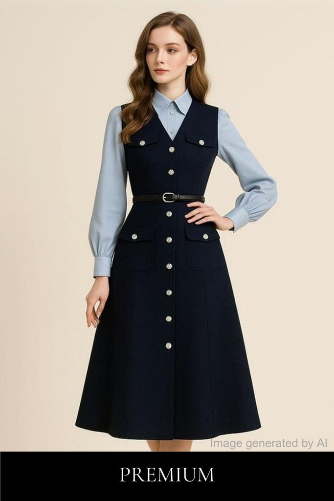 Marsette Layered Diamond Button Maxi Dress with Inner Long Sleeve Blouse Set