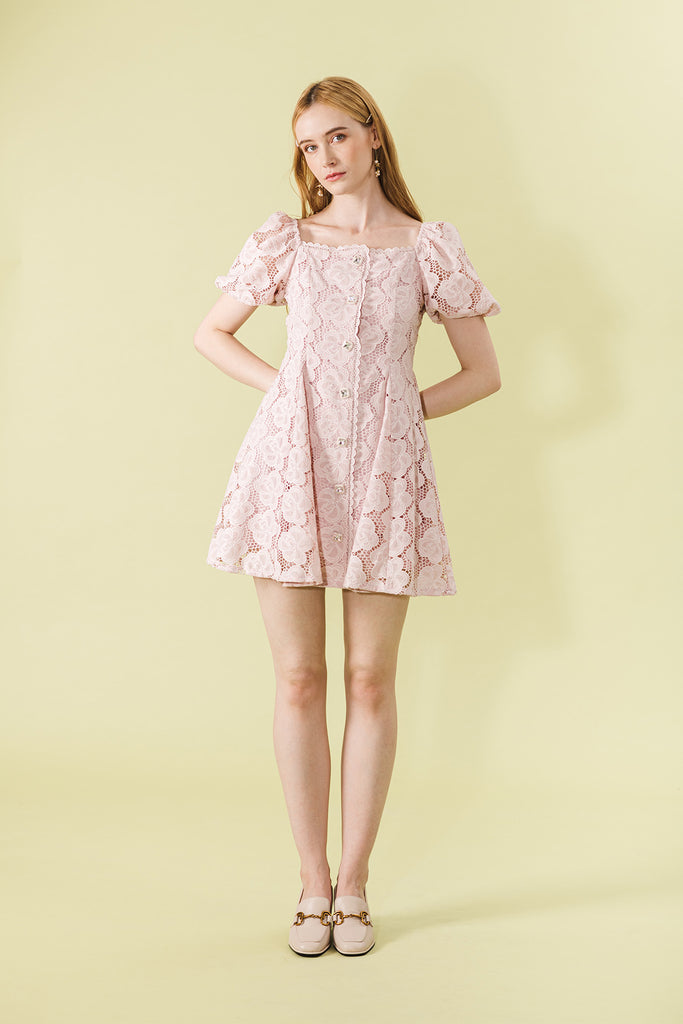 Meaverllyn Laced Floral Puff Sleeve Short Dress
