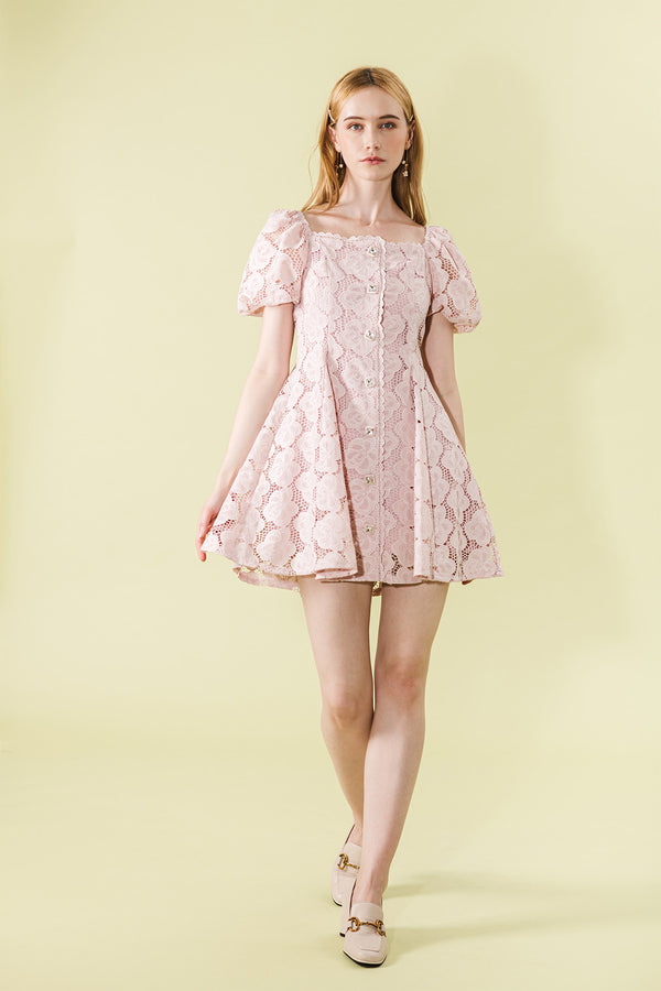 Meaverllyn Laced Floral Puff Sleeve Short Dress