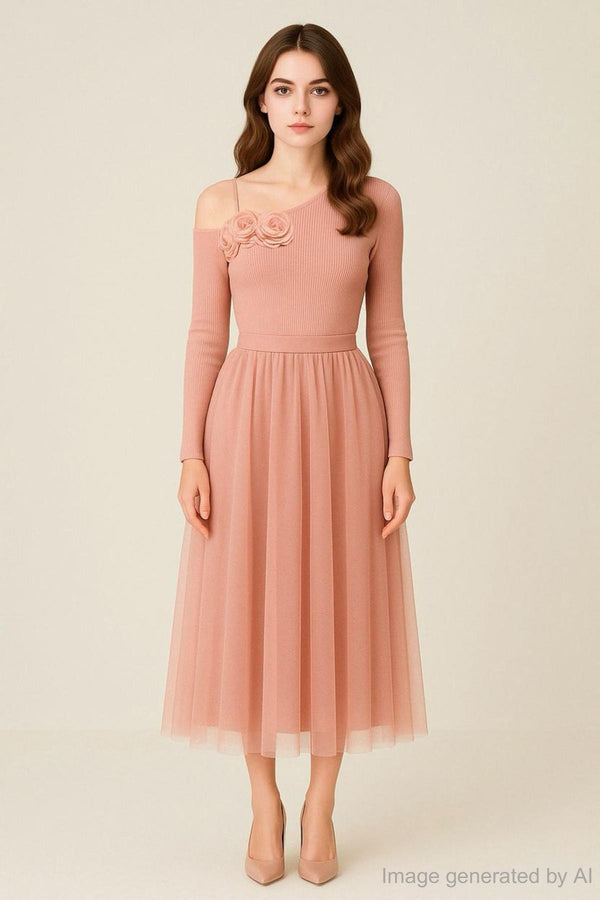 Meliora Flower Knitted Off Shoulder Side Slit Top And Flowy Maxi Skirt Set