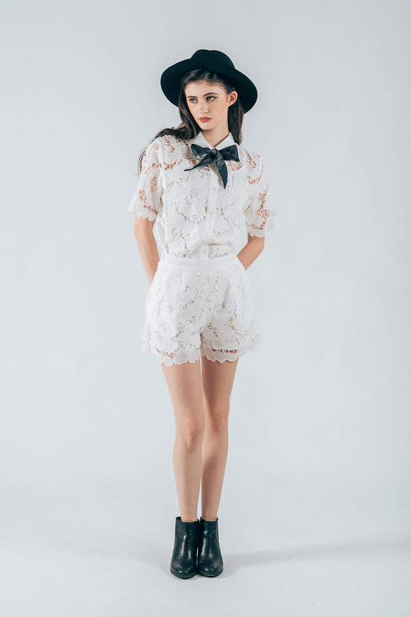 Mieuverllyn Floral Lace Shirt, Camisole and Shorts Set