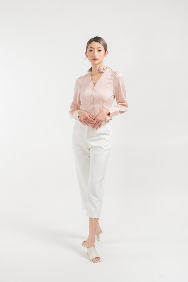 Millia Satin Rose Ribbon Tie Blouse