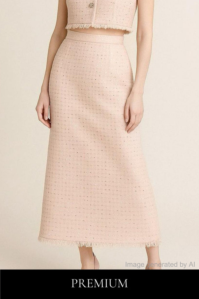 Morriere Sequin Tweed Fringed Back Slit Maxi Skirt