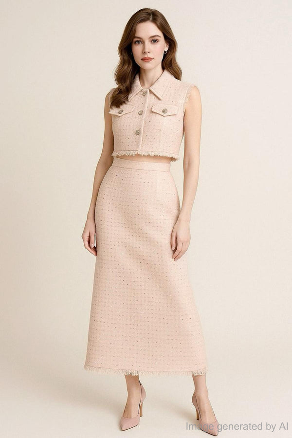 Morriere Sequin Tweed Fringed Back Slit Maxi Skirt