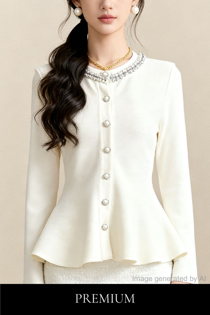Odile Pearl-Trim Peplum Cardigan