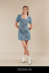 Pristerra Denim Butterfly Belted Puff Sleeve Short Dress