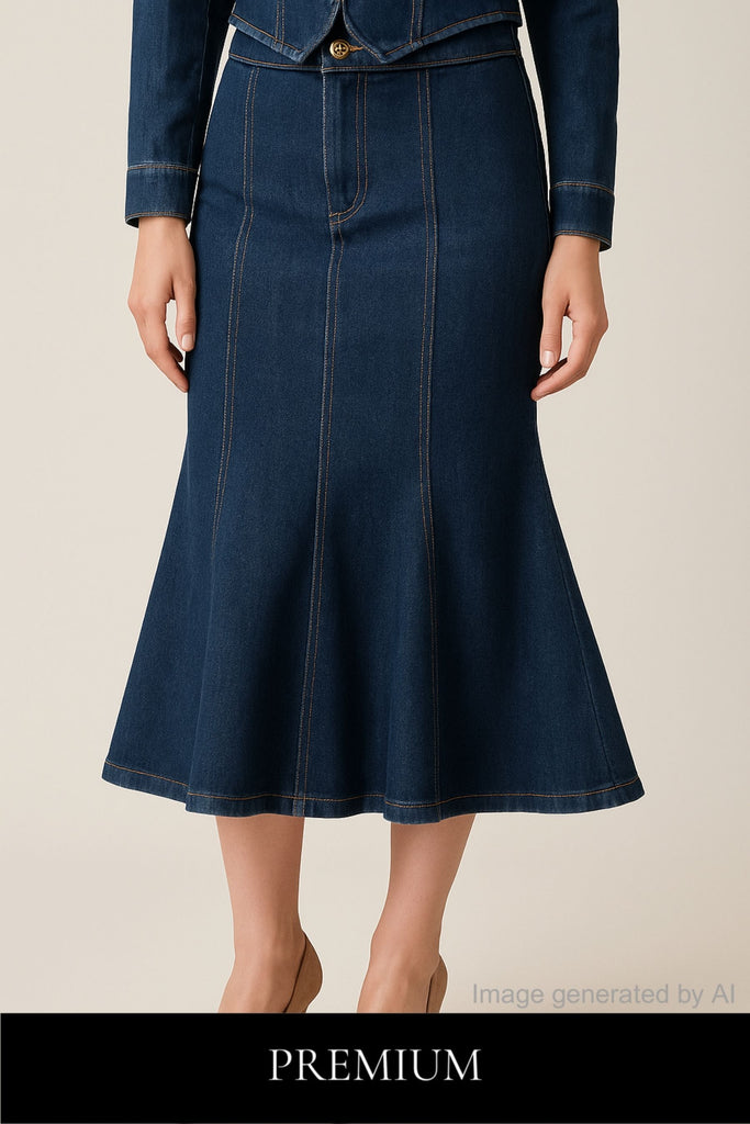 Renelle High-Rise Denim Flare Maxi Skirt with Sculpted Panels