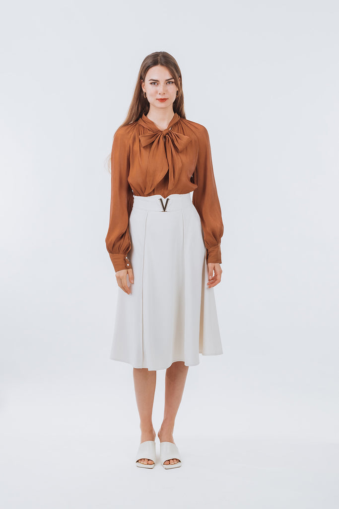 Revillea Organza Sheer Long Sleeve Blouse with Ribbon Tie