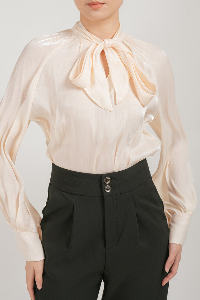 Revillea Organza Sheer Long Sleeve Blouse with Ribbon Tie