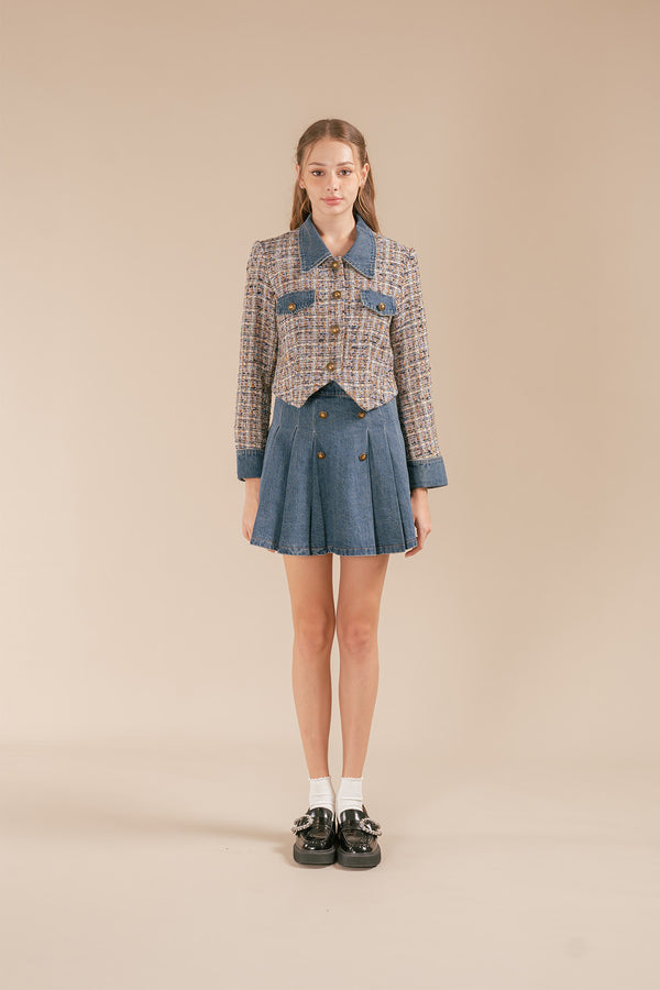 Revissa Denim Tweed Jacket and Pleated Skirt Set