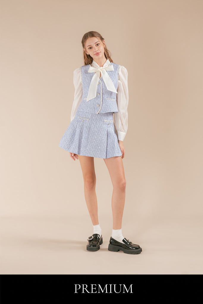 Revittia Tweed Vest, Blouse and Pleated Skirt Set