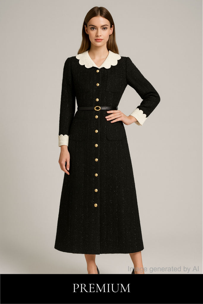 Rowena Contrast-Collar Tweed Midi Dress