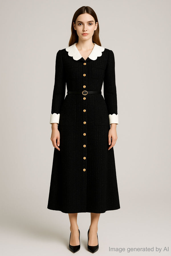 Rowena Contrast-Collar Tweed Midi Dress