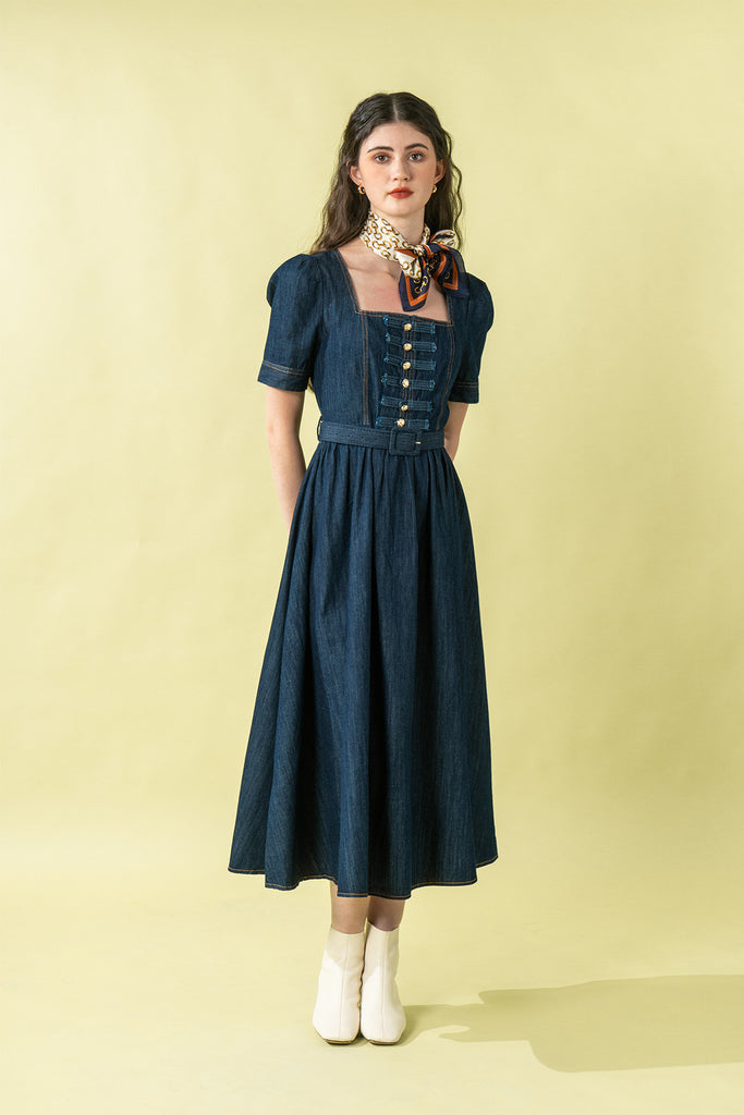 Saverlleo Denim Belted Puff Sleeve Midi Dress