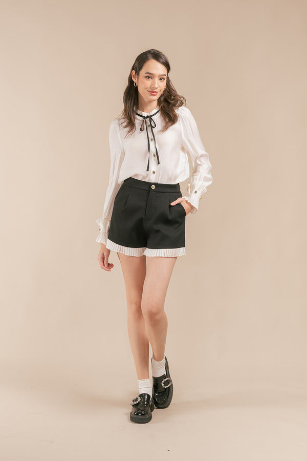 Sevissa Pleated Ruffled Ribbon Tie Long Sleeve Blouse