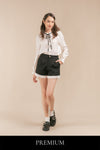 Sevissa Pleated Ruffled Ribbon Tie Long Sleeve Blouse and Shorts Set
