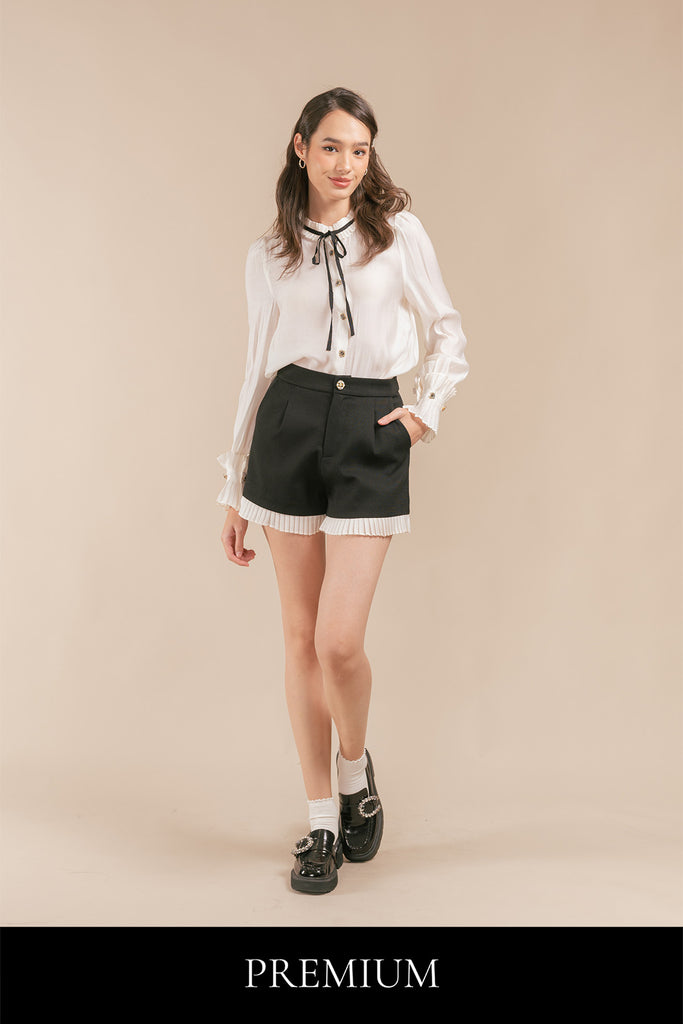 Sevissa Pleated Ruffled Ribbon Tie Long Sleeve Blouse and Shorts Set