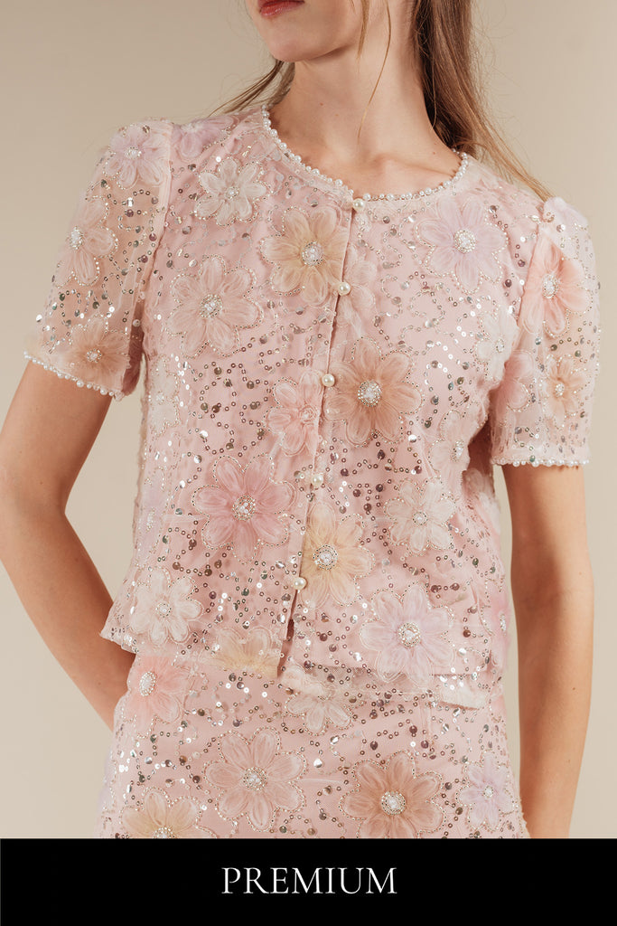 Soleila Floral Sequins And Pearls Lace Short Blouse