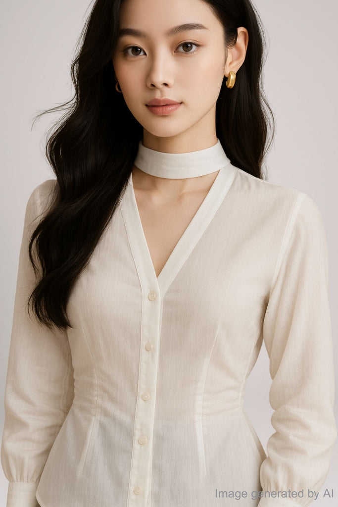 Soline Sheer Scarf-Neck Button Shirt