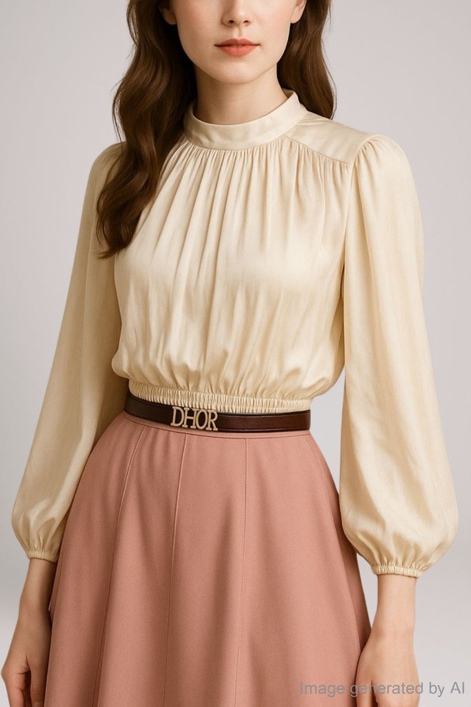 Soraya Satin Shirred-Hem Balloon-Sleeve Blouse
