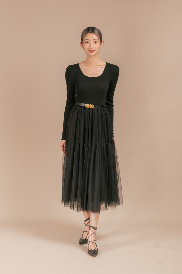 Tellitha Ribbed Tulle Belted Maxi Dress