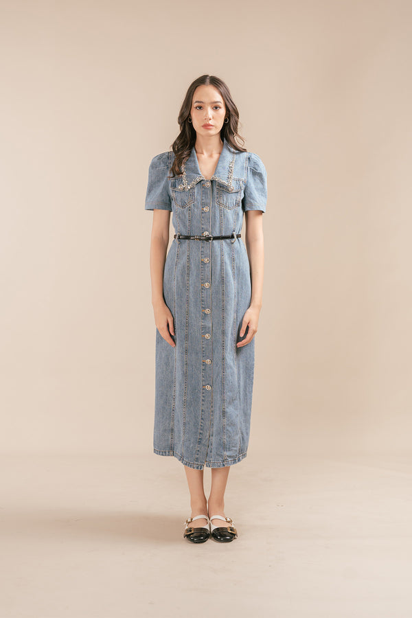 Tenollea Diamond Embellished Denim Maxi Skirt Dress