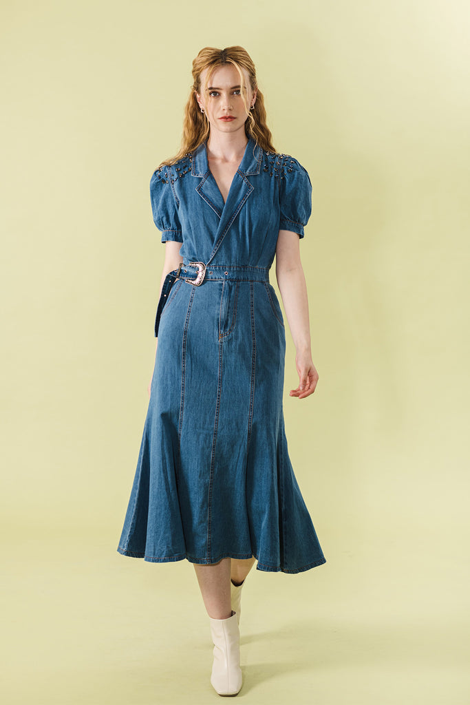 Vaunditte Denim Belted Halter Neck with Lapel Maxi Dress