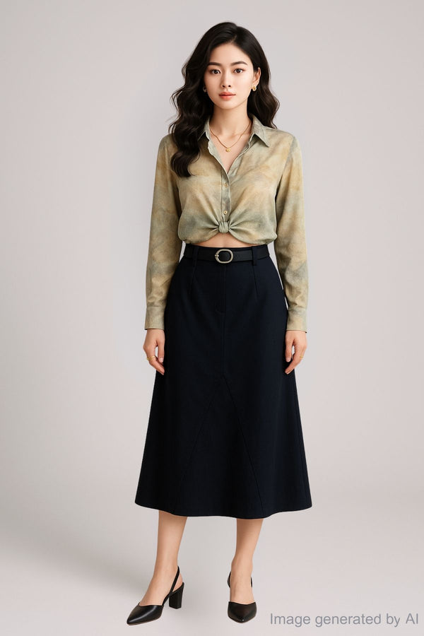 Verrenia Belted Back-Slit Midi Skirt