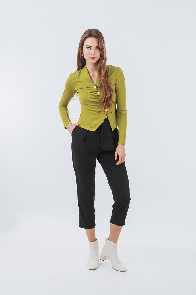 Welirosse Assymetrical Buttoned Ruched Long Sleeve Top