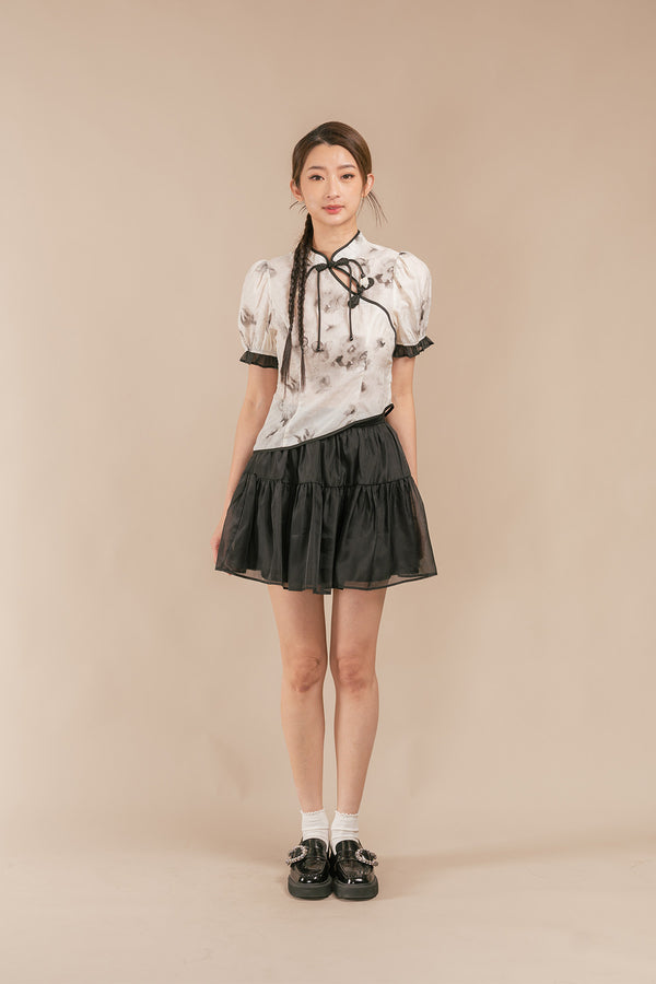 Wenyue Ink Floral Chinese Style Blouse and Short Skirt Set