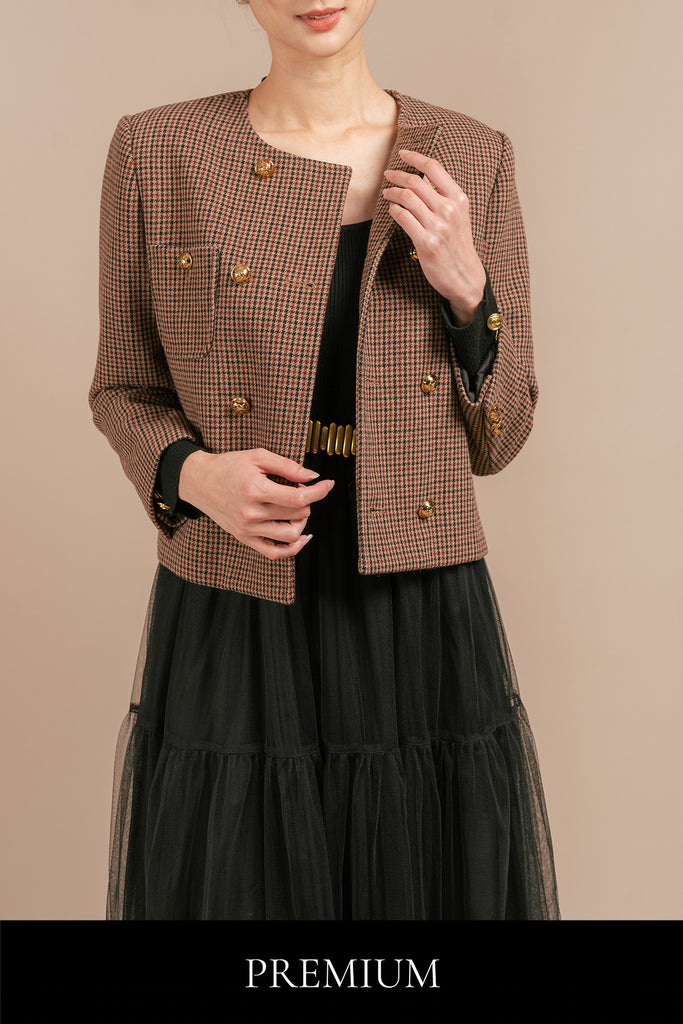 Yunicco Houndstooth Double Breasted Tweed Cardigan