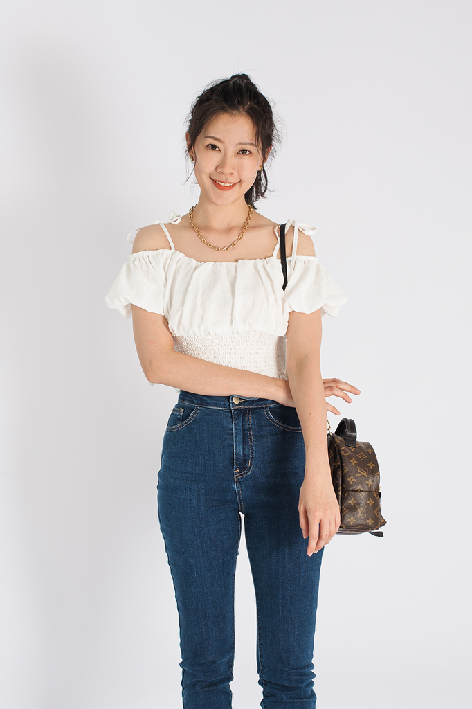 Self Tie Sleeve Cold Shoulder Ruched Waist Blouse Top