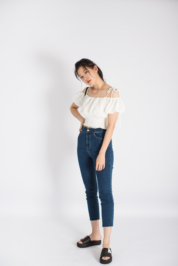 Self Tie Sleeve Cold Shoulder Ruched Waist Blouse Top