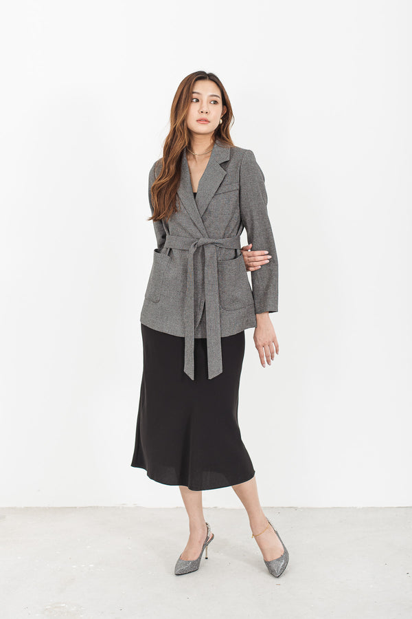 Nailshead Plaid Notched Collar Self Belted Blazer