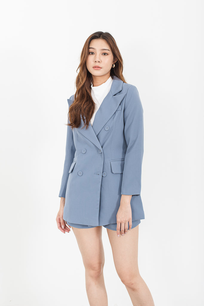 Notched Lapel Self-Tie Waist Blazer & Shorts Set