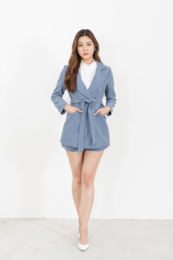 Notched Lapel Self-Tie Waist Blazer & Shorts Set