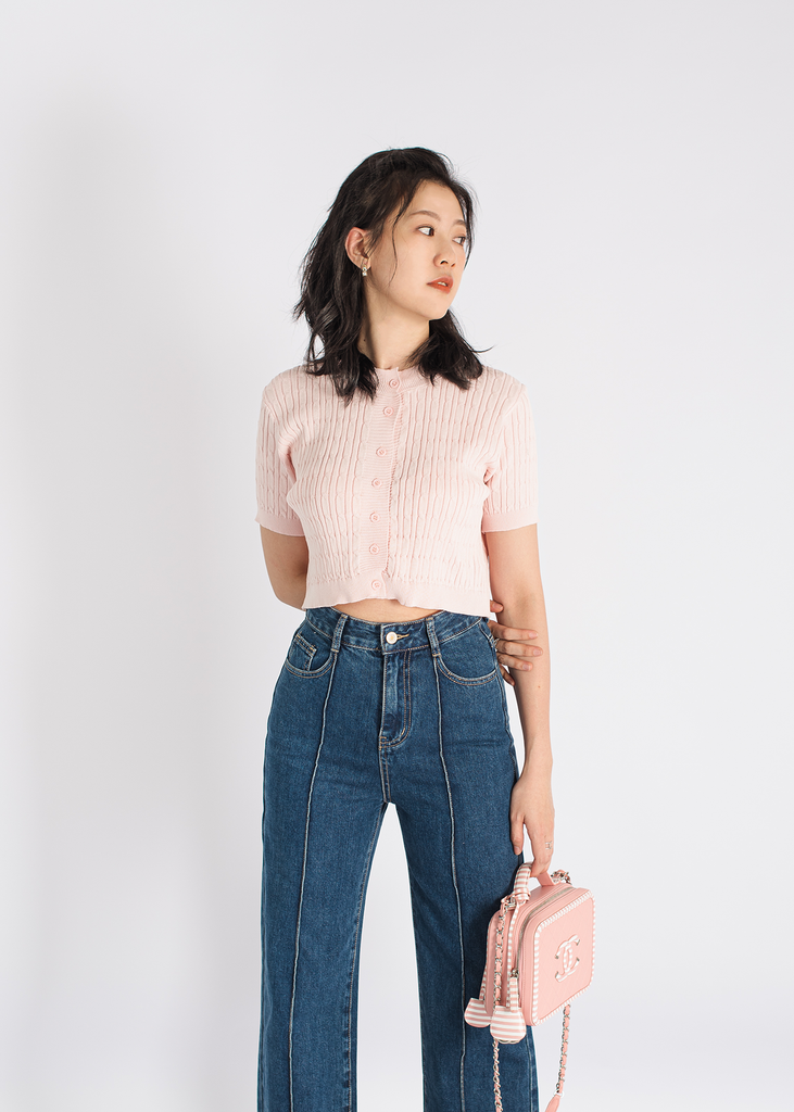 Pink Cropped Knitted Buttoned Top