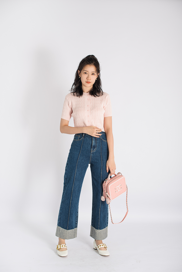 Pink Cropped Knitted Buttoned Top