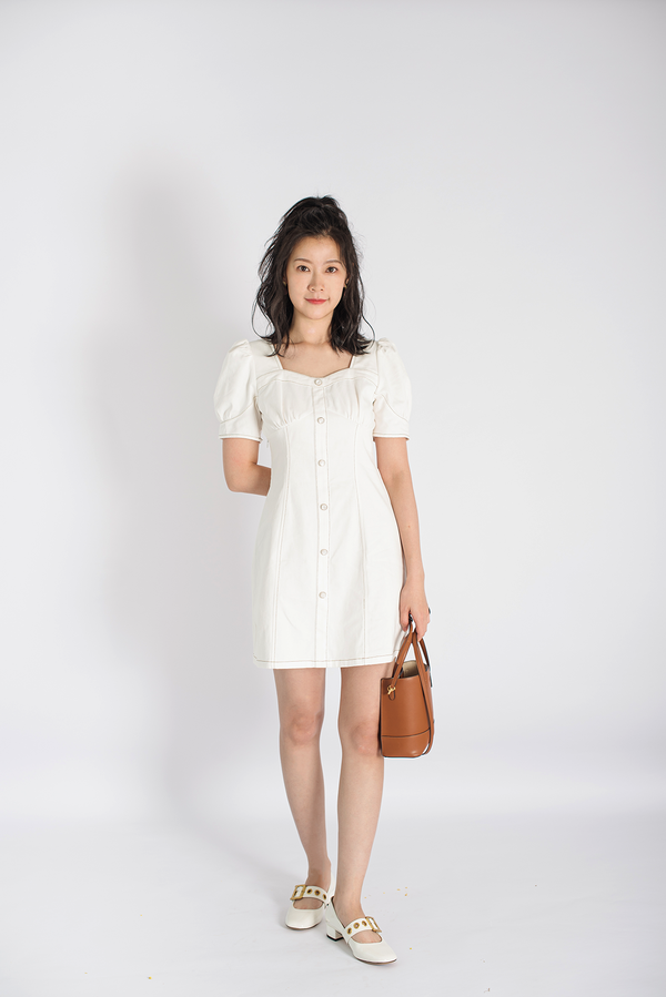 Back Chain Buttoned Puff Sleeve Mini Dress