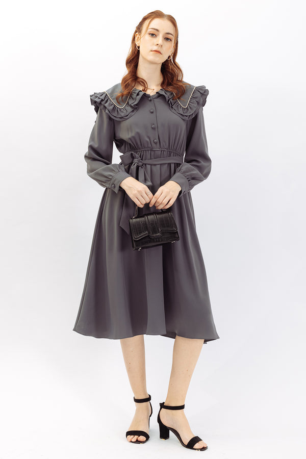 Claudette Detail Trim Ruffle Collar Maxi Dress