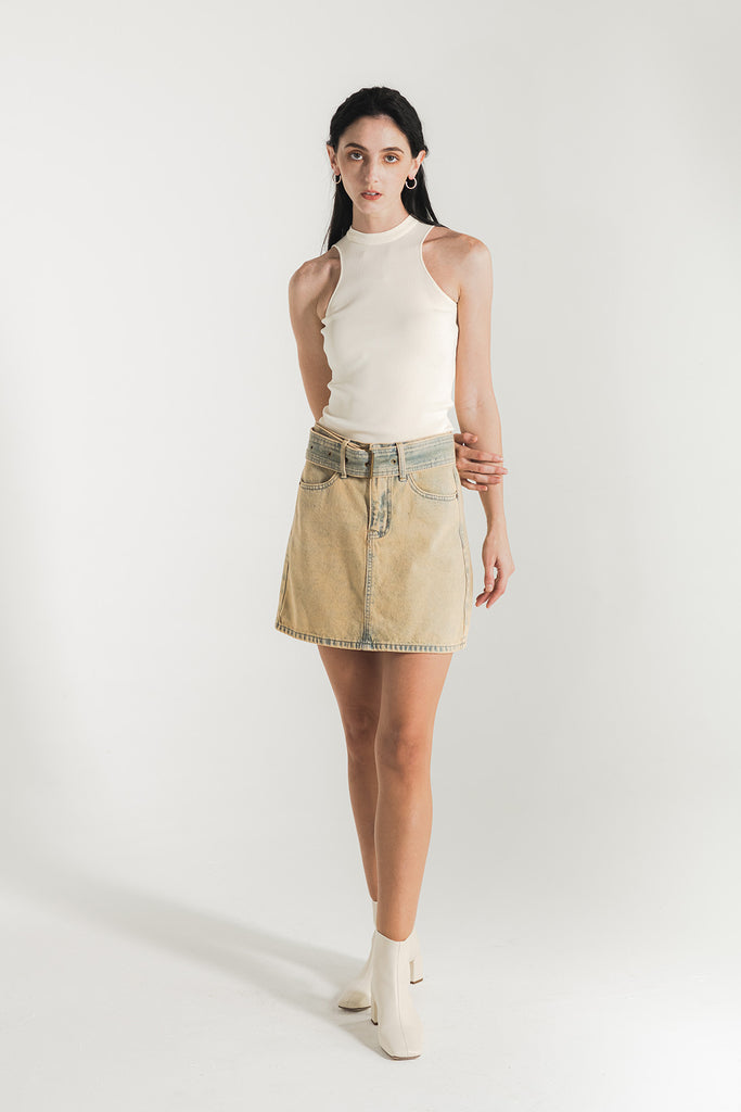 Daniellea Belted High Waist Denim Mini Skirt