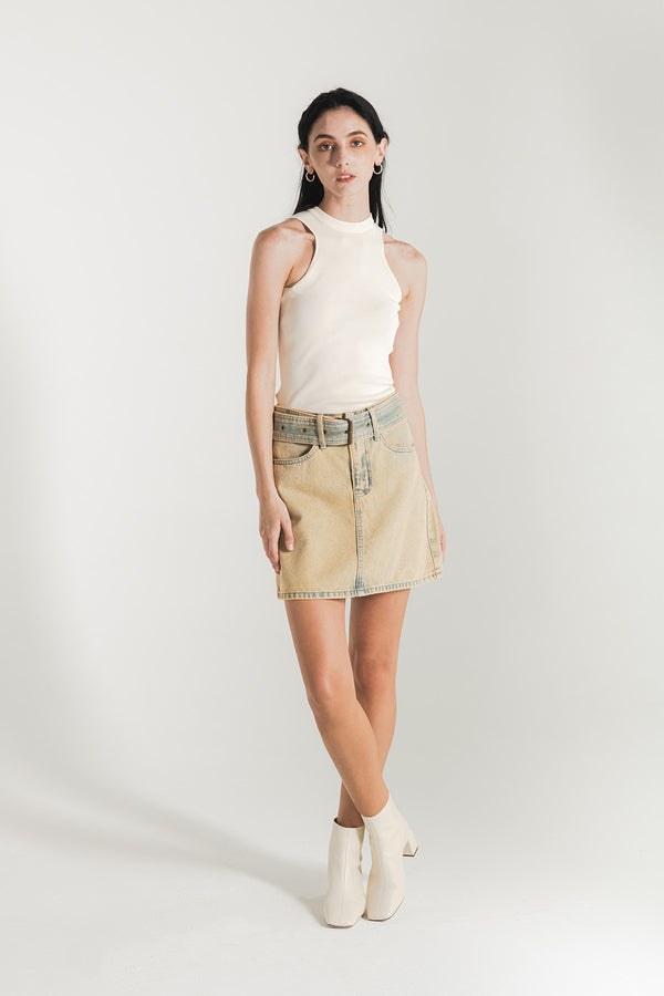 Daniellea Belted High Waist Denim Mini Skirt