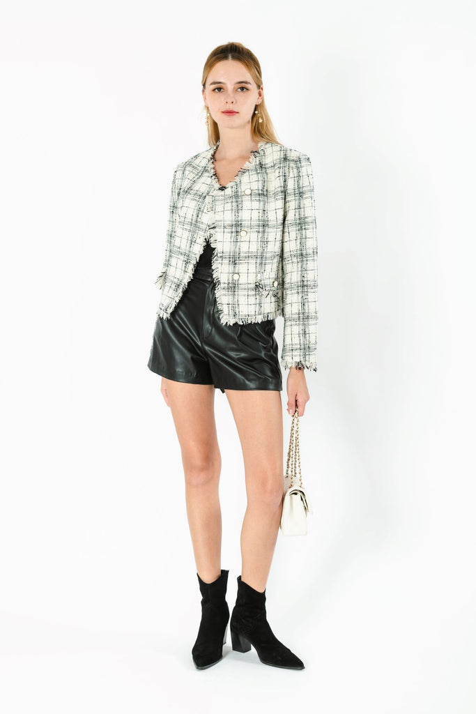 Giinea Checkered V Neck Tweed Cardigan