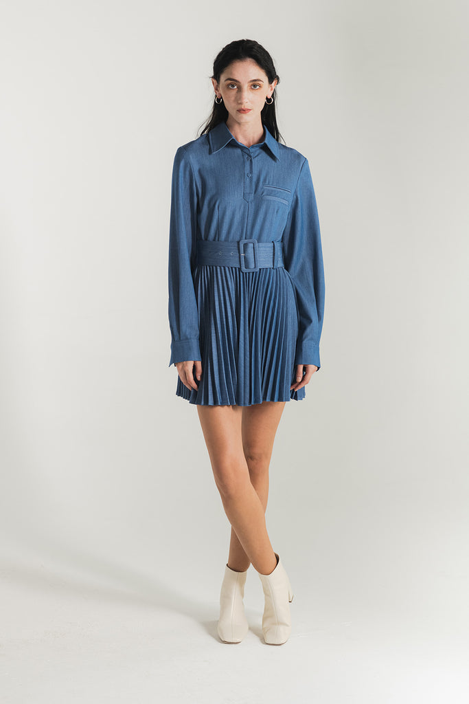 Ivette Belted Pleated Shirt Dress