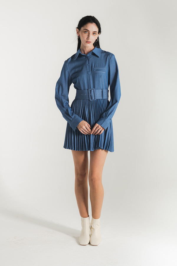 Ivette Belted Pleated Shirt Dress