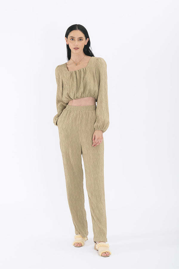 Jessea Cropped Long Sleeve Blouse with Wide Leg Pants Set