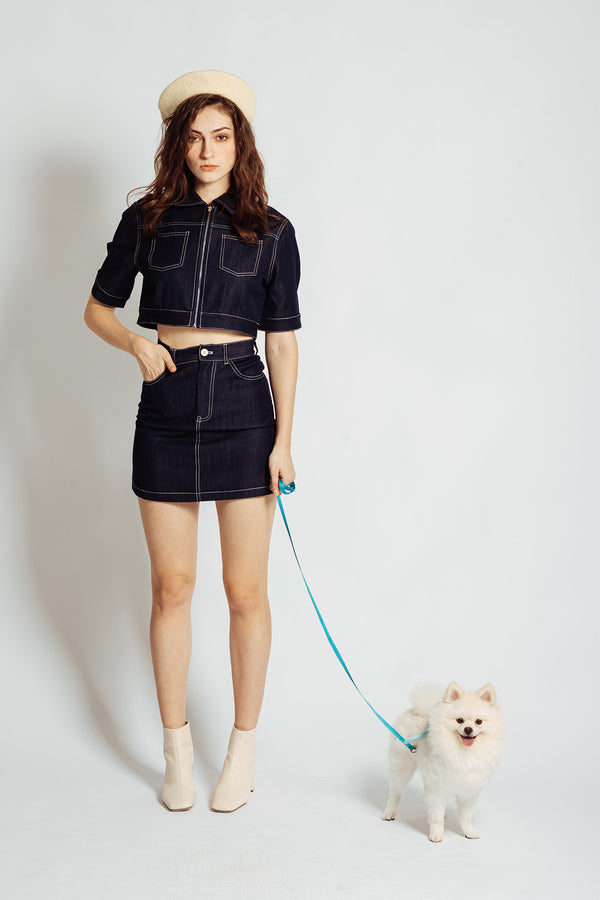 Khloella Contrast Thread Denim Cropped Shirt and Skirt Set